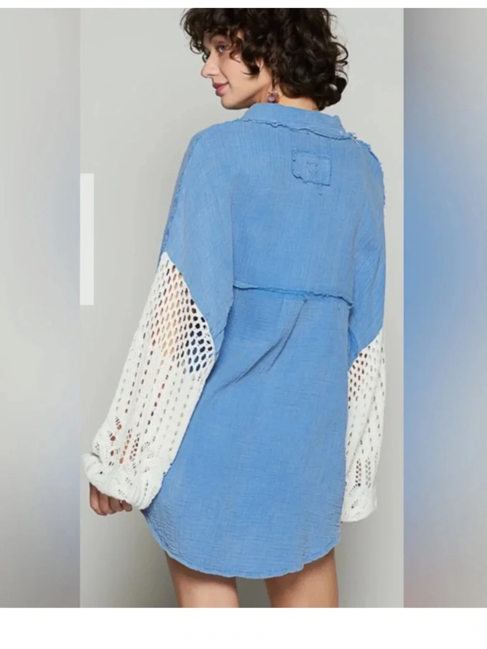 POL Clothing Blue Cotton Gauze Crochet Sleeve Button Up - Picture 2 of 8
